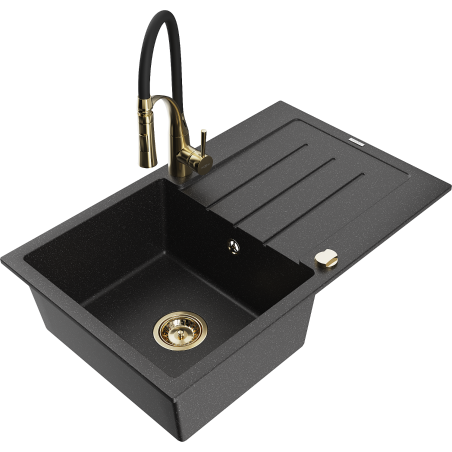 Mexen Bruno Granitspüle 1-Becken mit Abtropffläche und Küchenarmatur Aster, schwarz/silber Metallic - 6513-73-73450-57-G