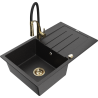 Mexen Bruno Granitspüle 1-Becken mit Abtropffläche und Küchenarmatur Aster, schwarz/silber Metallic - 6513-73-73450-57-G