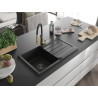 Mexen Bruno 1-Kammer Granitspüle mit Abtropffläche und Küchenarmatur Aster, schwarz/silber metallic - 6513-73-73450-57-B