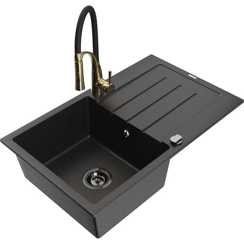 Mexen Bruno 1-Kammer Granitspüle mit Abtropffläche und Küchenarmatur Aster, schwarz/silber metallic - 6513-73-73450-57-B