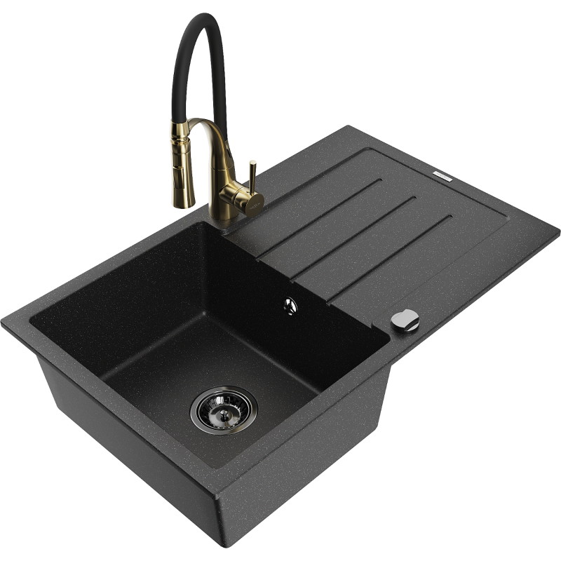 Mexen Bruno granitspüle 1-beckig mit Abtropffläche und Küchenarmatur Aster, schwarz/silber-metallic - 6513-73-73450-57-B