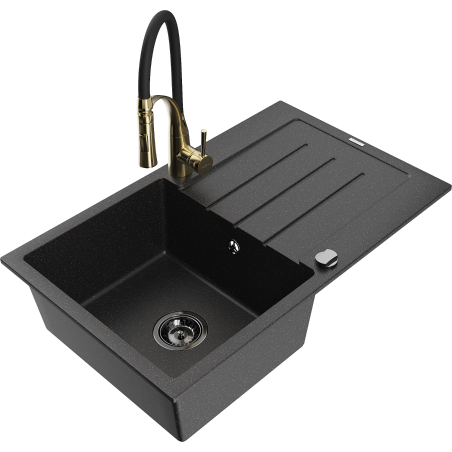 Mexen Bruno 1-Kammer Granitspüle mit Abtropffläche und Küchenarmatur Aster, schwarz/silber metallic - 6513-73-73450-57-B
