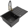 Mexen Bruno 1-Kammer Granitspüle mit Abtropffläche und Küchenarmatur Aster, schwarz/silber metallic - 6513-73-73450-57-B