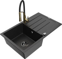 Mexen Bruno 1-Kammer Granitspüle mit Abtropffläche und Küchenarmatur Aster, schwarz/silber metallic - 6513-73-73450-57-B