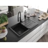 Mexen Bruno Granitspüle 1-beckig mit Abtropffläche und Küchenarmatur Aster, schwarz/silber metallic - 6513-73-73450-70-B