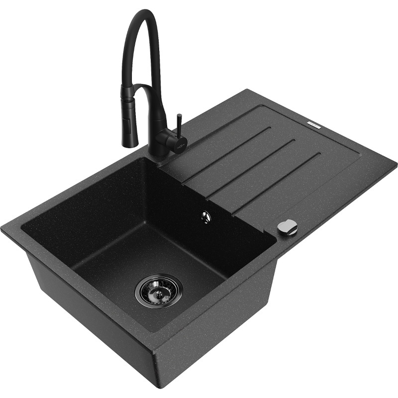 Mexen Bruno Granitspüle 1-Becken mit Abtropffläche und Küchenarmatur Aster, schwarz/silber metallic - 6513-73-73450-70-B