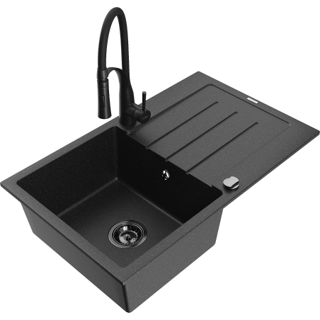 Mexen Bruno Granitspüle 1-Becken mit Abtropffläche und Küchenarmatur Aster, schwarz/silber metallic - 6513-73-73450-70-B