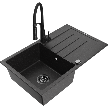 Mexen Bruno Granitspüle 1-beckig mit Abtropffläche und Küchenarmatur Aster, schwarz/silber metallic - 6513-73-73450-70-B
