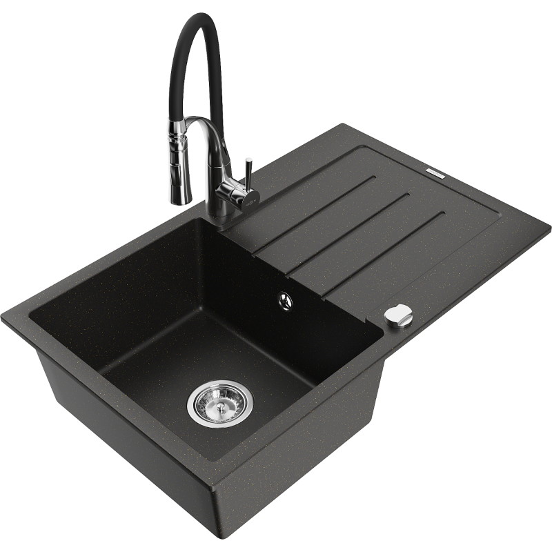Mexen Bruno Granitspüle 1-Becken mit Abtropffläche und Küchenarmatur Aster, schwarz/goldener Metallic - 6513-75-73450-07
