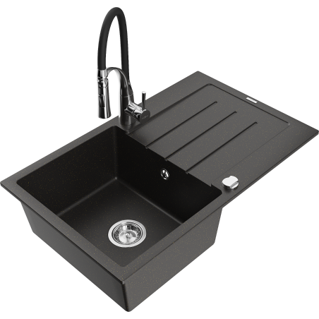 Mexen Bruno Granitspüle 1-Becken mit Abtropffläche und Küchenarmatur Aster, schwarz/goldener Metallic - 6513-75-73450-07