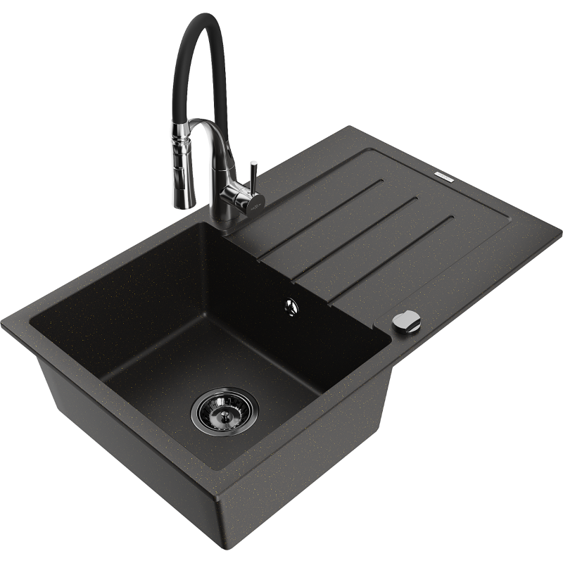 Mexen Bruno Granitspüle 1-Becken mit Abtropffläche und Küchenarmatur Aster, schwarz/gold metallic - 6513-75-73450-07-B