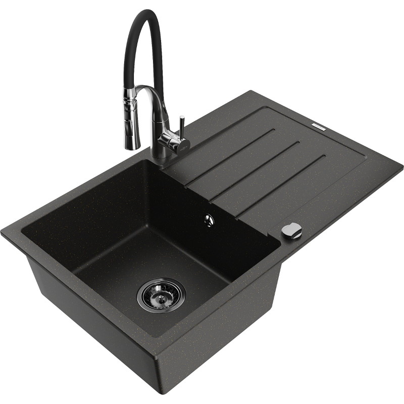 Mexen Bruno Granitspüle 1-Becken mit Abtropffläche und Küchenarmatur Aster, schwarz/gold metallisch - 6513-75-73450-07-B