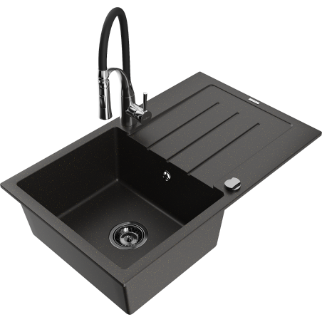 Mexen Bruno Granitspüle 1-Becken mit Abtropffläche und Küchenarmatur Aster, schwarz/gold metallic - 6513-75-73450-07-B