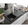 Mexen Bruno Granitspüle 1-Becken mit Abtropffläche und Küchenarmatur Aster, schwarz/gold metallisch - 6513-75-73450-57-G