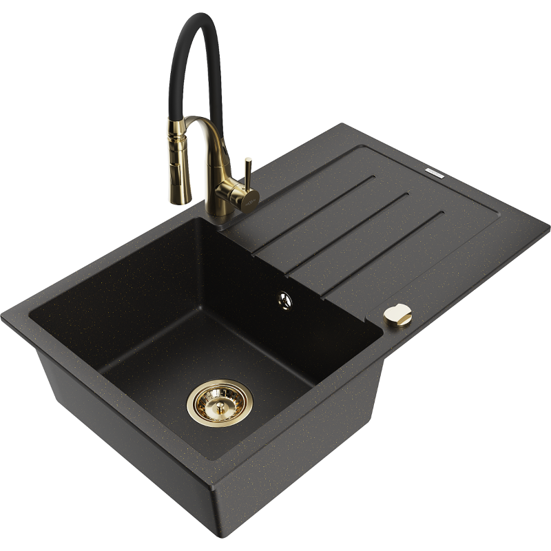 Mexen Bruno Granitspüle 1-Becken mit Abtropffläche und Küchenarmatur Aster, schwarz/gold metallisch - 6513-75-73450-57-G