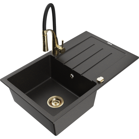 Mexen Bruno Granitspüle 1-Becken mit Abtropffläche und Küchenarmatur Aster, schwarz/gold metallisch - 6513-75-73450-57-G