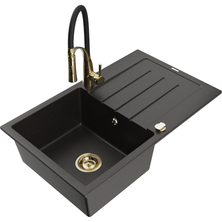 Mexen Bruno Granitspüle 1-Becken mit Abtropffläche und Küchenarmatur Aster, schwarz/goldmetallik - 6513-75-73450-57-G