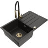 Mexen Bruno Granitspüle 1-Becken mit Abtropffläche und Küchenarmatur Aster, schwarz/gold metallisch - 6513-75-73450-57-G