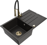 Mexen Bruno Granitspüle 1-Becken mit Abtropffläche und Küchenarmatur Aster, schwarz/gold metallisch - 6513-75-73450-57-G