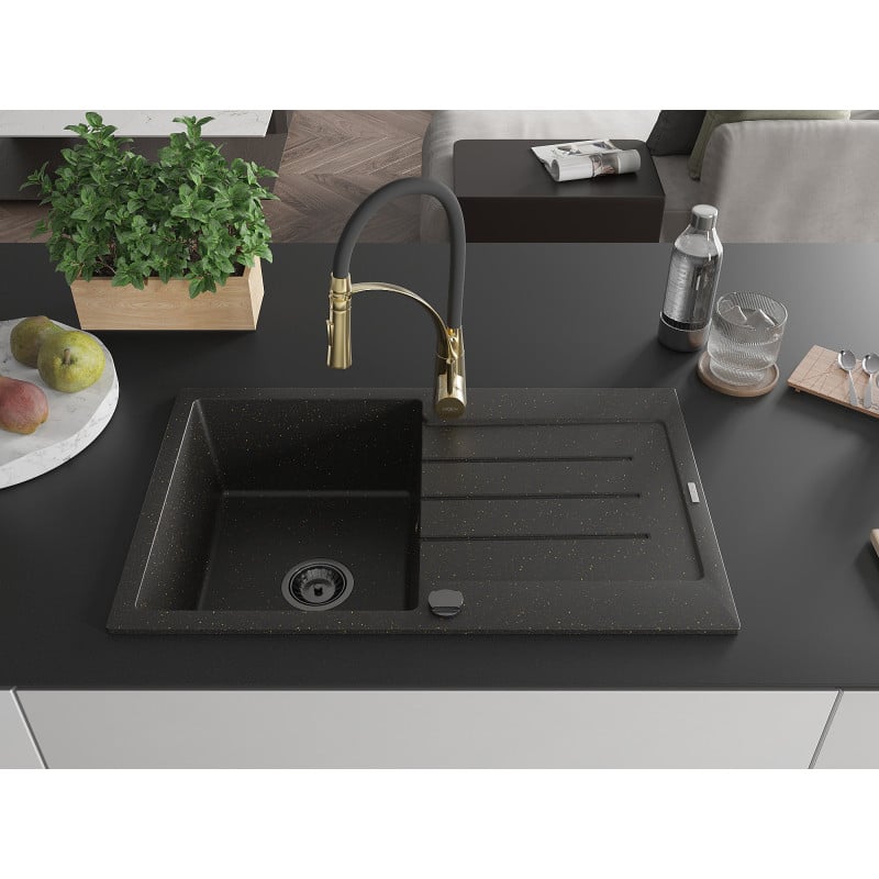 Mexen Bruno Granitspüle 1-Becken mit Abtropffläche und Küchenarmatur Aster, schwarz/goldener Metallic - 6513-75-73450-57-B