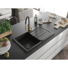 Mexen Bruno Granitspüle 1-Becken mit Abtropffläche und Küchenarmatur Aster, schwarz/goldener Metallic - 6513-75-73450-57-B