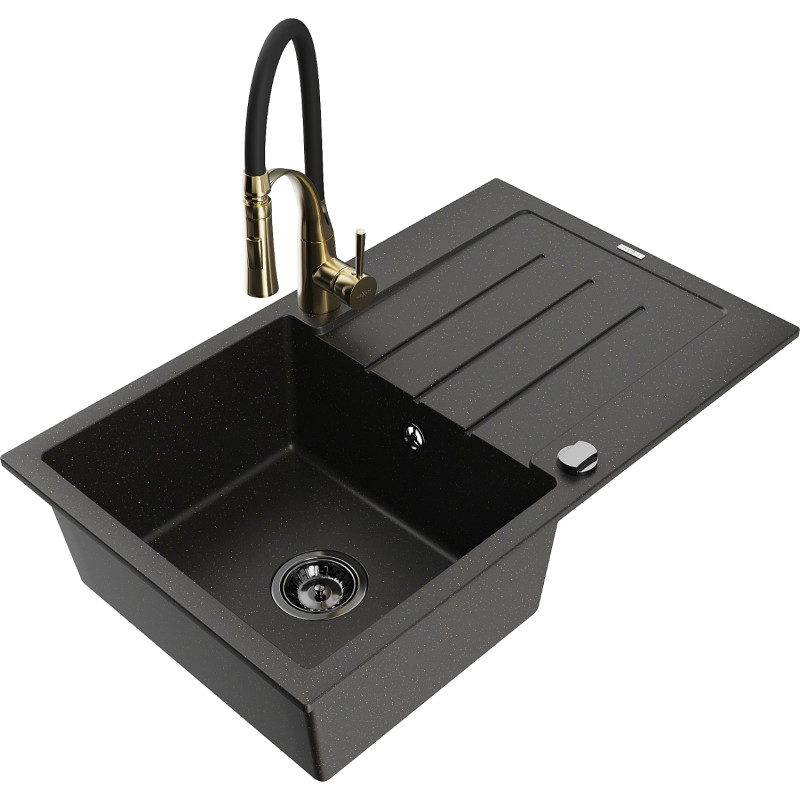 Mexen Bruno Einbauspüle aus Granit mit 1 Becken, Abtropffläche und Küchenarmatur Aster, schwarz/gold metallic
