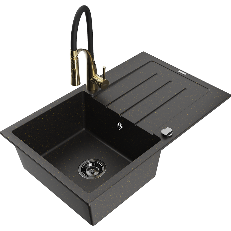 Mexen Bruno Granitspüle 1-Becken mit Abtropffläche und Küchenarmatur Aster, schwarz/goldener Metallic - 6513-75-73450-57-B