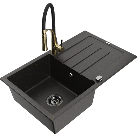 Mexen Bruno Einbauspüle aus Granit mit 1 Becken, Abtropffläche und Küchenarmatur Aster, schwarz/gold metallic