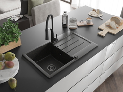 Mexen Bruno Granitspüle 1-beckig mit Abtropffläche und Küchenarmatur Aster, schwarz/goldener Metallic - 6513-75-73450-70-B
