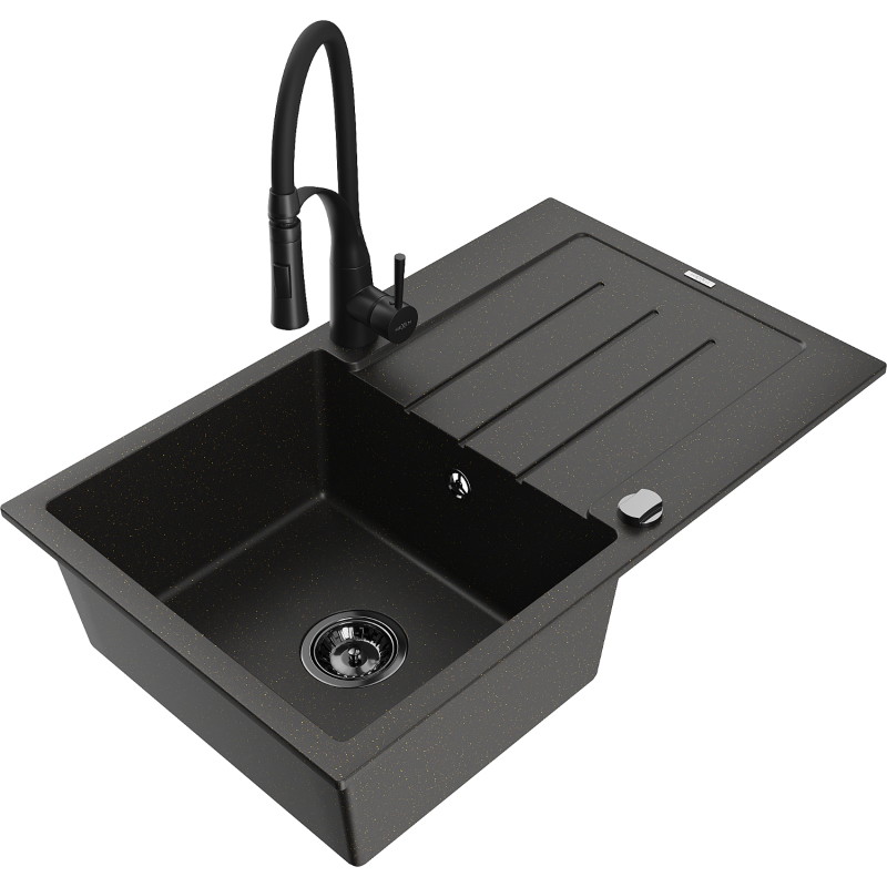 Mexen Bruno Granitspüle 1-becken mit Abtropffläche und Küchenarmatur Aster, schwarz/gold Metallic - 6513-75-73450-70-B