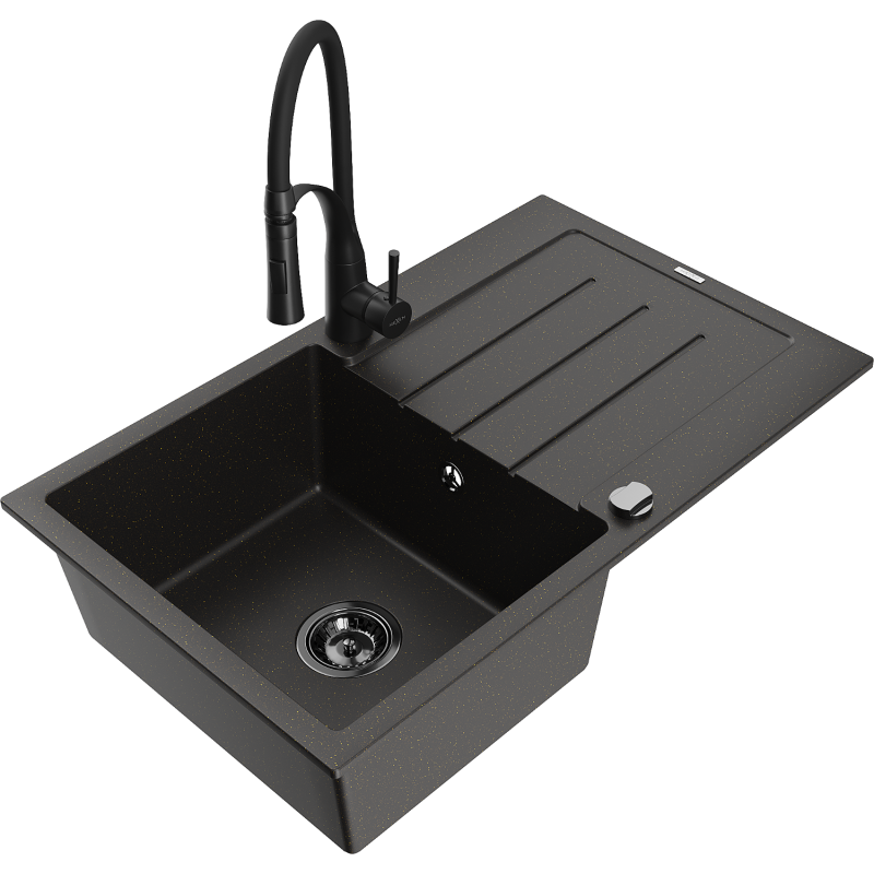 Mexen Bruno Granitspüle 1-beckig mit Abtropffläche und Küchenarmatur Aster, schwarz/goldener Metallic - 6513-75-73450-70-B