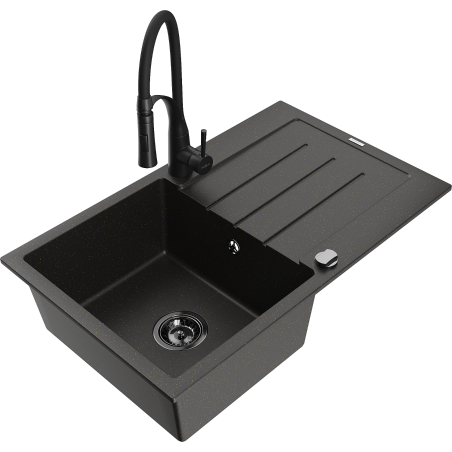 Mexen Bruno Granitspüle 1-becken mit Abtropffläche und Küchenarmatur Aster, schwarz/gold Metallic - 6513-75-73450-70-B