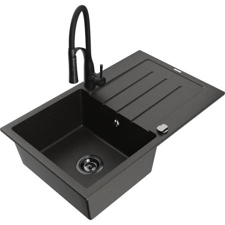 Mexen Bruno Granitspüle 1-beckig mit Abtropffläche und Küchenarmatur Aster, schwarz/goldener Metallic - 6513-75-73450-70-B