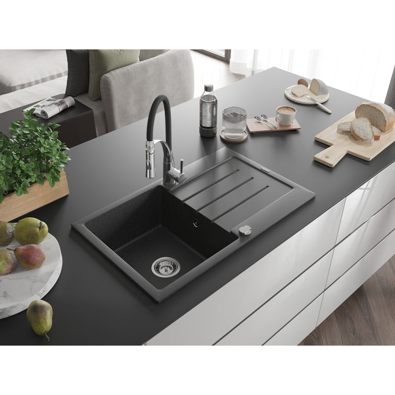 Mexen Bruno Granitspüle 1-Becken mit Abtropffläche und Küchenarmatur Aster, schwarz gesprenkelt - 6513-76-73450-07
