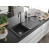 Mexen Bruno Granitspüle 1-Becken mit Abtropffläche und Küchenarmatur Aster, schwarz gesprenkelt - 6513-76-73450-07