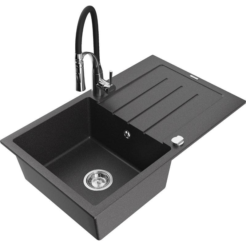 Mexen Bruno Granitspüle 1-Becken mit Abtropffläche und Küchenarmatur Aster, schwarz gesprenkelt - 6513-76-73450-07
