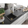 Mexen Bruno 1-Komponenten Granitspüle mit Abtropffläche und Küchenarmatur Aster, schwarz gesprenkelt - 6513-76-73450-57-G