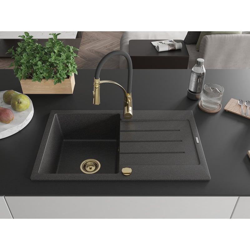 Mexen Bruno 1-Komponenten Granitspüle mit Abtropffläche und Küchenarmatur Aster, schwarz gesprenkelt - 6513-76-73450-57-G