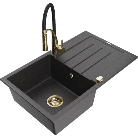 Mexen Bruno granitspüle 1-becken mit abtropffläche und küchenarmatur Aster, schwarz gesprenkelt - 6513-76-73450-57-G