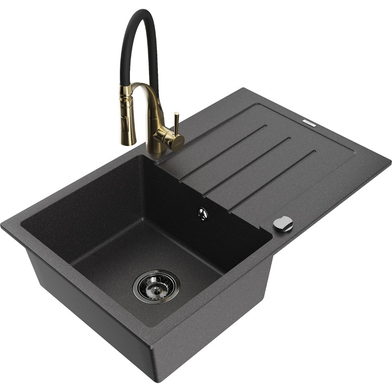 Mexen Bruno Granitspüle 1-Becken mit Abtropffläche und Küchenarmatur Aster, schwarz gesprenkelt - 6513-76-73450-57-B