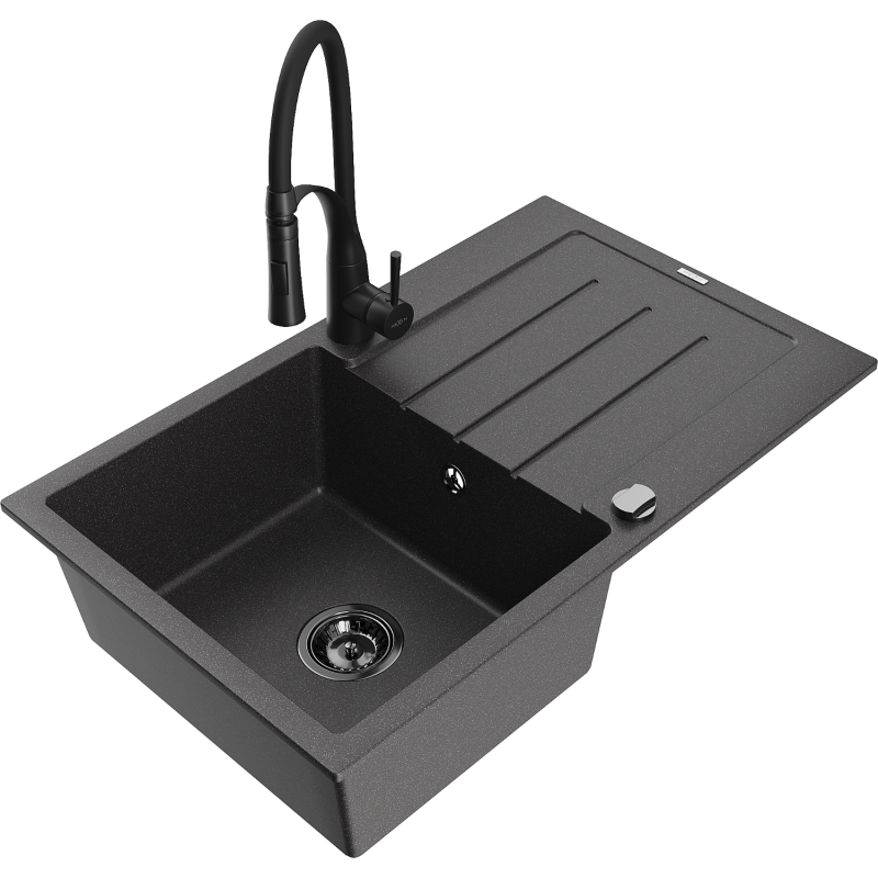 Mexen Bruno Granitspüle 1-Becken mit Abtropffläche und Küchenarmatur Aster, schwarz gesprenkelt - 6513-76-73450-70-B
