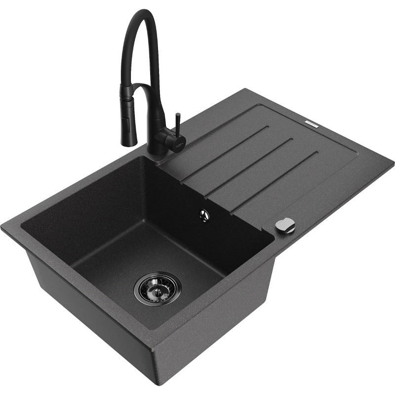 Mexen Bruno Granitspüle 1-Kammer mit Abtropffläche und Küchenarmatur Aster, schwarz gesprenkelt - 6513-76-73450-70-B