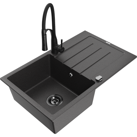 Mexen Bruno Granitspüle 1-Becken mit Abtropffläche und Küchenarmatur Aster, schwarz gesprenkelt - 6513-76-73450-70-B