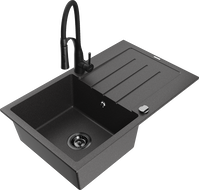 Mexen Bruno Granitspüle 1-Becken mit Abtropffläche und Küchenarmatur Aster, schwarz gesprenkelt - 6513-76-73450-70-B
