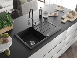 Mexen Bruno Granitspüle 1-becken mit Abtropffläche und Küchenarmatur Aster, schwarz - 6513-77-73450-07