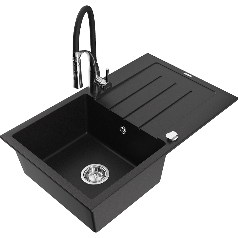 Mexen Bruno Granitspüle 1-becken mit Abtropffläche und Küchenarmatur Aster, schwarz - 6513-77-73450-07