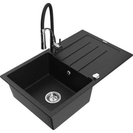 Mexen Bruno Granitspüle 1-becken mit Abtropffläche und Küchenarmatur Aster, schwarz - 6513-77-73450-07