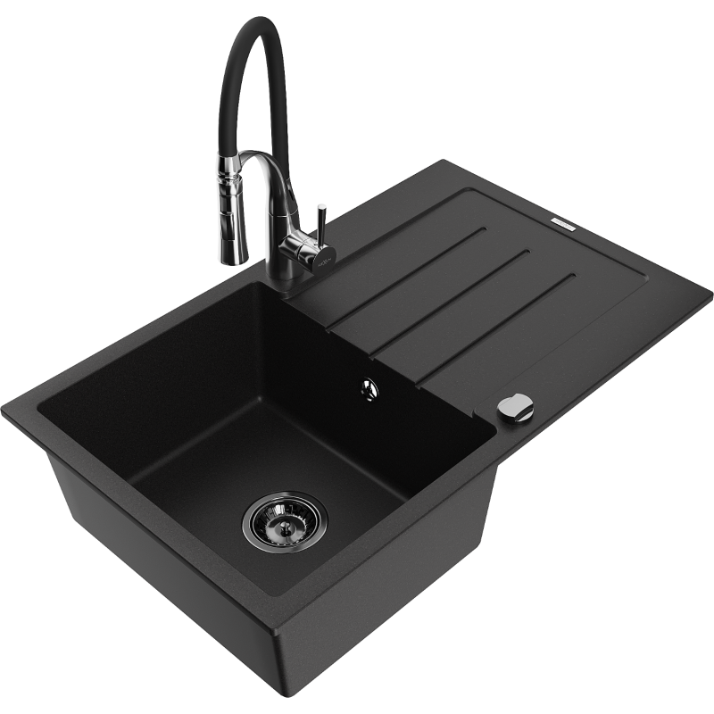 Mexen Bruno Granitspüle 1-Becken mit Abtropffläche und Küchenarmatur Aster, schwarz - 6513-77-73450-07-B