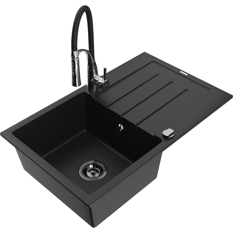 Mexen Bruno Granitspüle 1-beckig mit Abtropffläche und Küchenarmatur Aster, schwarz - 6513-77-73450-07-B