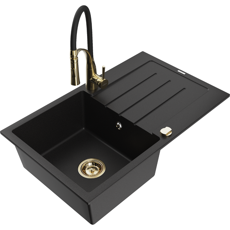 Mexen Bruno Granitspüle 1-Becken mit Abtropffläche und Küchenarmatur Aster, schwarz - 6513-77-73450-57-G